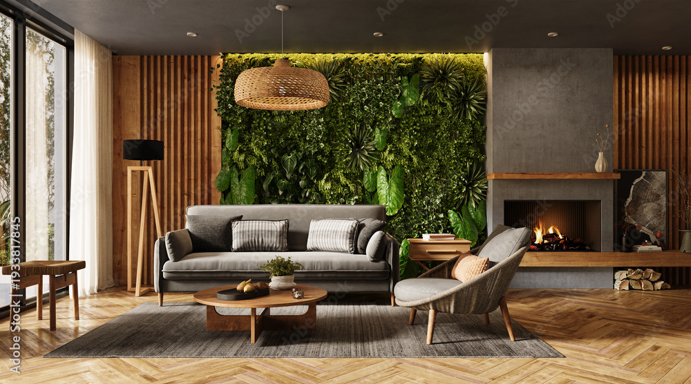Fototapeta premium Vertical Green Wall in modern living room interior, 3d render