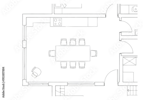 Architectural Floor Plan Rendering Of An Open Concept Dining Room With Integrated Kitchen Layout Featuring Simple Furniture Arrangement furniture