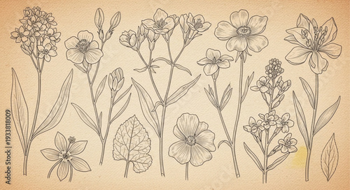 Vintage botanical illustration of various blooming flowers and plants.