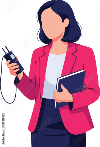 Woman multitasking with a walkietalkie and notebook. Suitable for communication, teamwork, business, leadership concepts. Employees coordinating tasks.