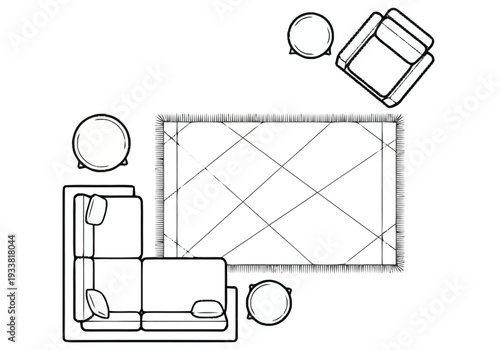 Architectural Interior Design Layout Showing Furniture Placement for a Cozy Living Room With Sofa Rug and Tables From Above furniture icons interior