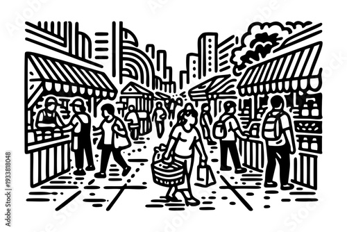 Vibrant Crowded Street Market Scene in a Lively City