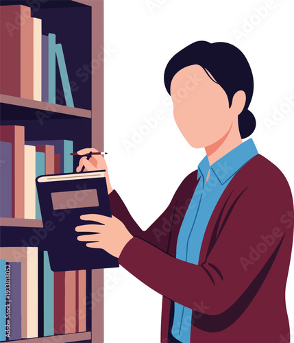 Young woman stands by a full bookcase in a library, holding a book. Suitable for education, reading, library, and academic concepts.