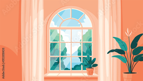 Peaceful room interior scene with an arched window looking out onto a beautiful green garden, flanked by houseplants and curtains.