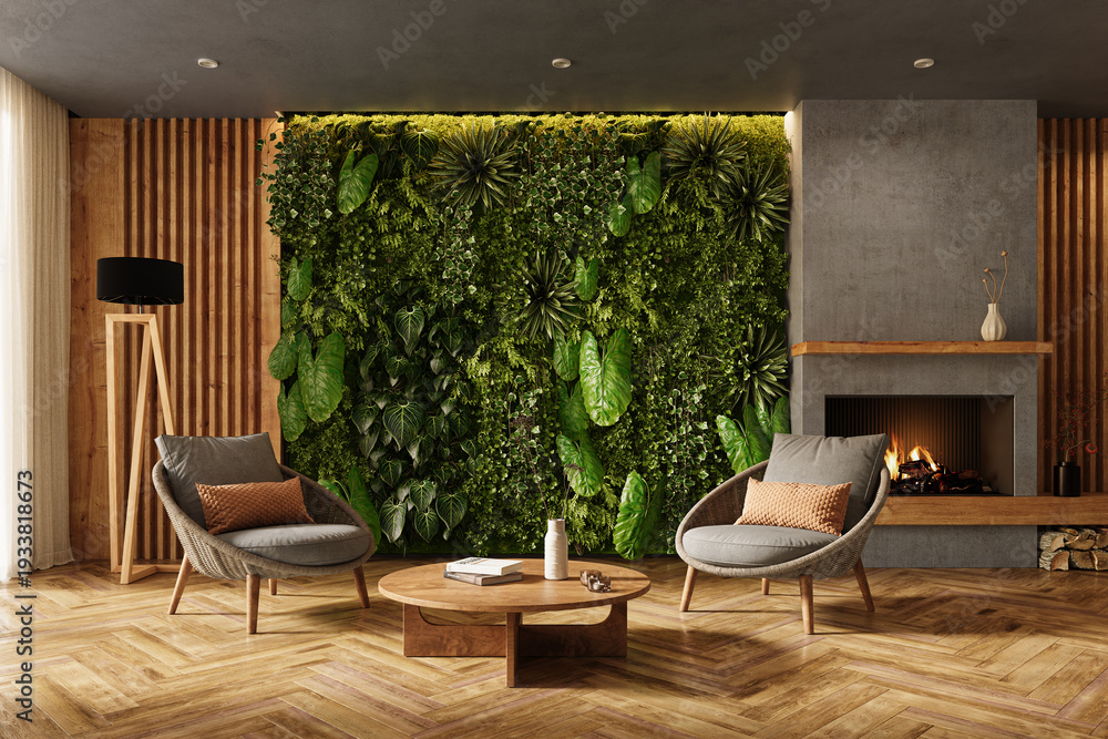 Fototapeta premium Vertical Green Wall in modern living room interior, 3d render