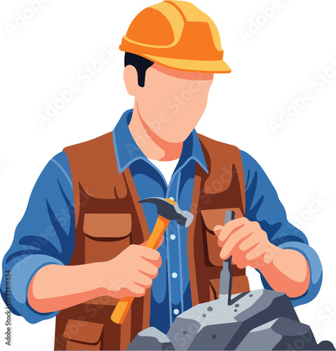 Construction worker in hardhat chiseling stone block. Perfect for construction, masonry, work safety, tools, labor, and industrial concepts.