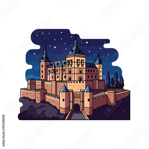 Majestic castle illustration at dusk with towers and fortified walls under a starry night sky