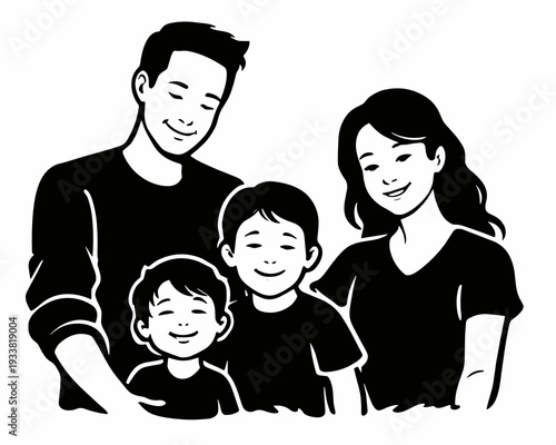 Black and white vector family portrait with smiling mother, father, and two children in a friendly group pose, isolated on white. Concept of warm love, unity, parenting, and home life.