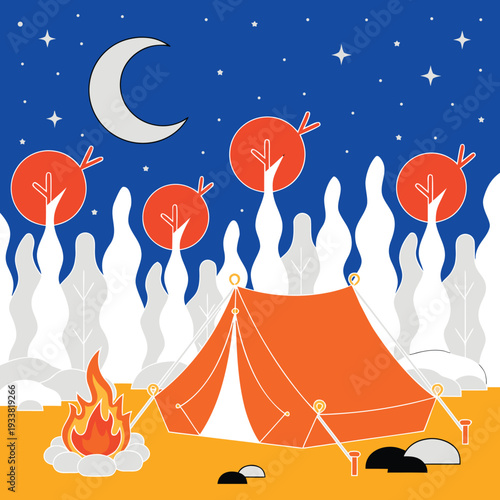 Cozy camping tent in a winter forest under a crescent moon and starry sky.