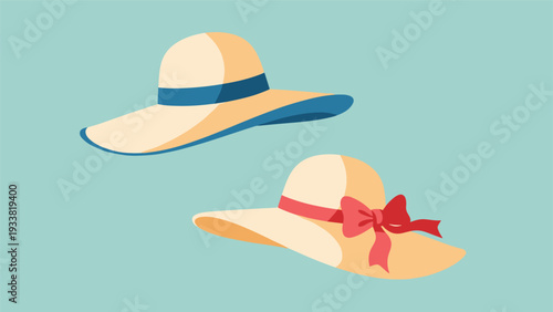 Pair of wide-brimmed straw hats for women in light colors decorated with blue and red ribbons for summer beach fashion and sun protection.