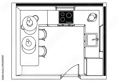 Compact Kitchen Layout Design With Dining Area And Modern Appliances Schematic View For Home Planning furniture icons interior design architecture