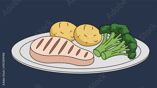 Grilled meat steak served with two whole boiled potatoes and a bunch of fresh broccoli on a white plate for a hearty and balanced dinner.