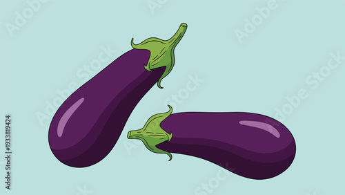 Pair of fresh purple eggplants with green stems positioned against a light blue background for healthy vegetable cooking and culinary concepts.