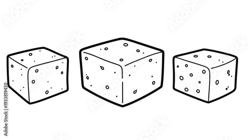 Three square blocks of tofu, line art illustration on a white background, representing protein-rich soy products for cooking.
