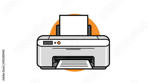 Modern grey office printer with a white sheet of paper loaded on top, set against a circular orange background for business use.