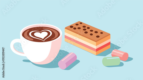 Pink coffee cup with heart-shaped latte art next to a layered sponge cake and three colorful marshmallows on a blue background.