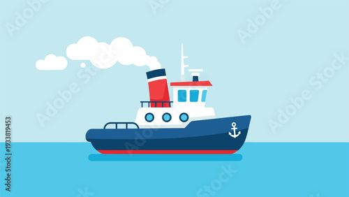 Cartoon tugboat with a blue hull and red chimney sailing on light blue water with white smoke clouds coming from its funnel.