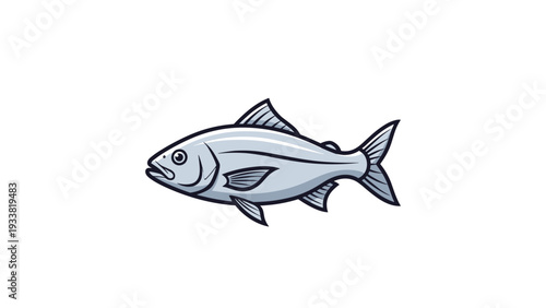 Single silver fish swimming to the left, showing detailed fins and scales in a clean vector illustration suitable for seafood themes.