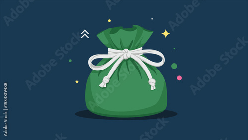Green drawstring bag or pouch tied with a white rope, featuring decorative stars and dots on a dark blue background illustration.