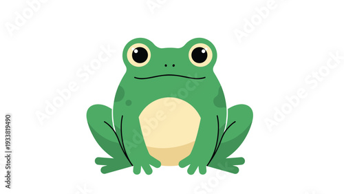 Green frog character sitting forward with big black eyes and a cream-colored belly, illustrated in a simple and friendly cartoon style.