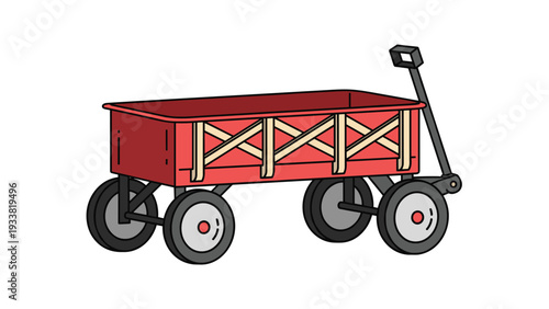 Classic red wooden wagon with four wheels and a black handle, designed for carrying items or playing outdoors in the garden.