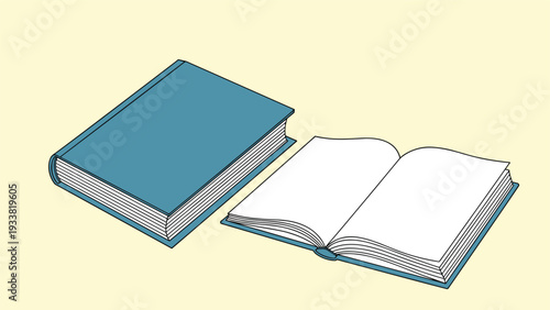 Two thick blue hardcover books presented with one closed and one lying open on a light yellow background for education theme.