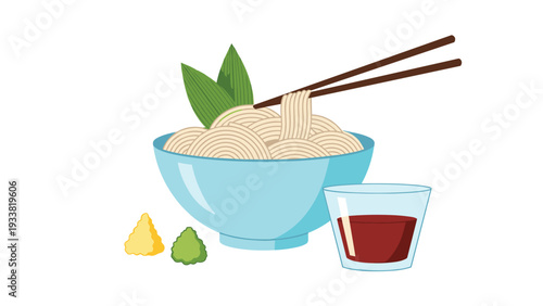 Traditional Japanese soba noodle bowl served with bamboo leaves, chopsticks, rich soy dipping sauce, and fresh wasabi paste.