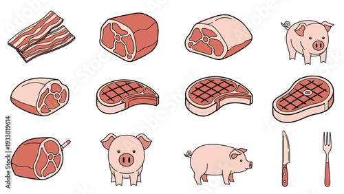 Diverse collection of pork meat cuts and cute pig icons along with kitchen utensils like knife and fork on white background.