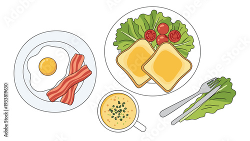 Delicious breakfast meal set featuring fried eggs with crispy bacon, golden toast with butter, fresh salad, and warm soup.