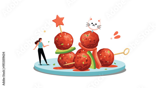 Whimsical scene of giant skewered meatballs on a plate with tiny figures and cute cat and star decorations for a fun snack.