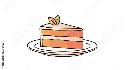 Slice of orange-layered cake topped with two green leaves, served on a white plate in a clean and simple vector art illustration.