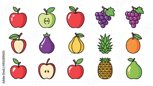 Large grid of various fruit icons including different varieties of apples, grapes, pineapple, orange, and pear for nutrition.