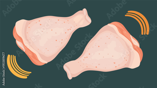Two raw chicken drumsticks with skin-on presented on a dark grey background with abstract yellow decorative lines for cooking.
