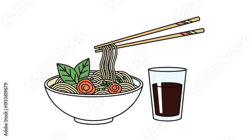 Hearty bowl of ramen noodles with swirling fish cakes, leafy greens, and chopsticks paired with a tall glass of dark beverage.