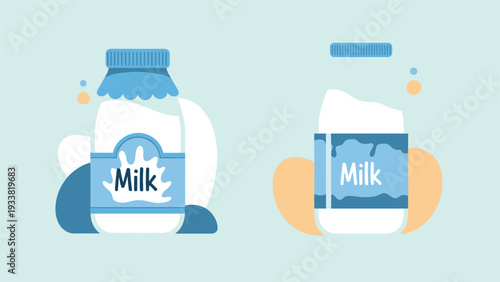 Two different styles of milk bottles in blue and white colors with splashes and bubbles on a soft blue background for dairy.