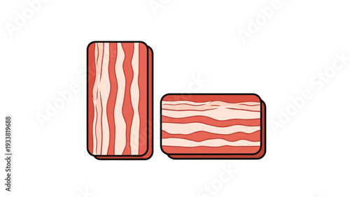 Two thick slices of marbled bacon with layers of red meat and white fat shown in both vertical and horizontal orientations for food.