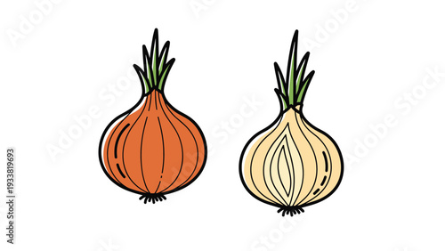 Two onions with one whole brown onion and one halved onion showing the internal white rings and green sprouts on top for cooking.