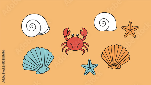Assortment of sea life elements including shells, starfish, and a bright red crab on a sandy orange background for beach theme.