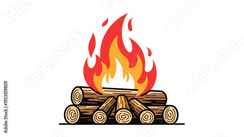 Bright orange and yellow campfire flames rising from a stack of brown wooden logs for an outdoor camping adventure theme.