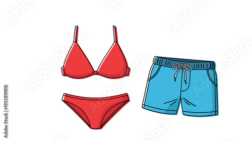 Summer beach clothing set featuring a red two piece bikini for women and blue swimming trunks for men on a white background.