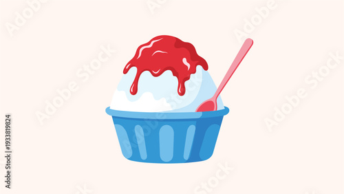 Traditional Japanese kakigori shaved ice dessert topped with vibrant red strawberry syrup and served with a pink spoon.