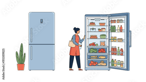 Kitchen scene showing a woman checking a fully stocked open refrigerator next to a closed blue appliance unit on white.