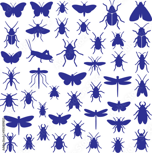 Collection of various blue insect silhouettes on a white background, including butterflies, beetles, dragonflies, and grasshoppers, representing entomology and nature studies