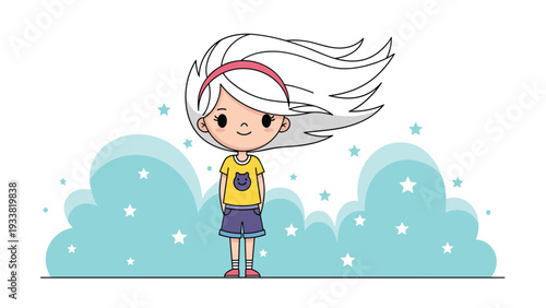 Cute cartoon girl with long white hair blowing in the wind, standing against a dreamy background of blue clouds and stars.