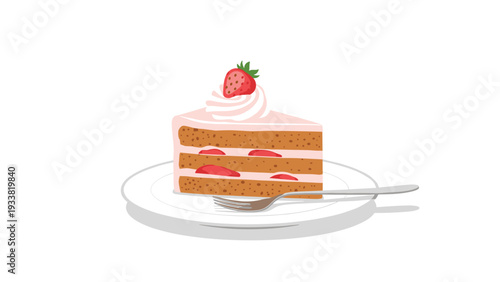 Delicious slice of layered strawberry shortcake with whipped cream and fresh fruit served on a white dessert plate.