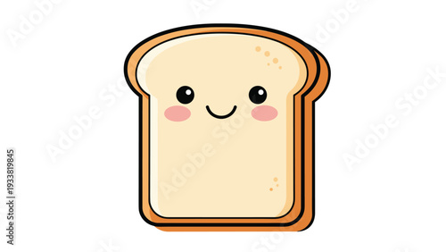 Adorable kawaii style slice of white bread toast with a smiling face and pink rosy cheeks for cute breakfast themes.