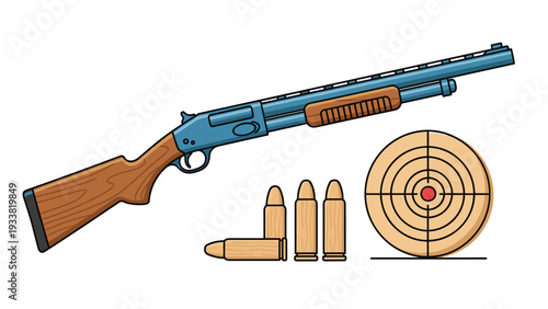 Classic pump action hunting shotgun displayed with a wooden target and several brass ammunition rounds for sport shooting.