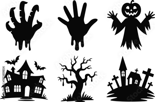 Black and white Halloween silhouette set with zombie hands, haunted house, spooky tree, graveyard and pumpkin character for horror vector illustration design