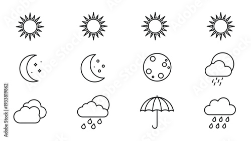 Comprehensive set of black and white line icons depicting various weather conditions from sunny days to rainy nights.