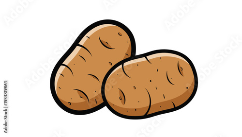 Pair of fresh brown russet potatoes with realistic skin textures and thick outlines isolated on a clean white background.